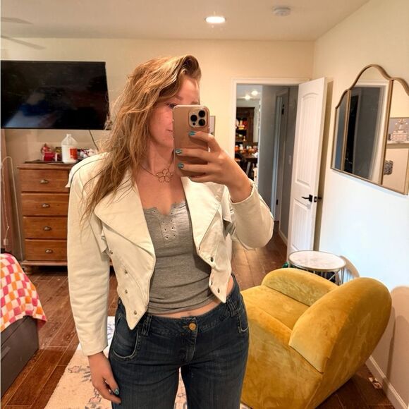 Jackets & Blazers - Vintage 80s White Leather Moto Jacket Coat Cropped Size Medium